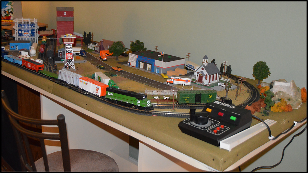 6. Lauan door baseboard in 2016 wrapped with grass mat with edges tacked down. White under the door is the party table top. My green, Athearn Blue Box GP38-2 is in the foreground.