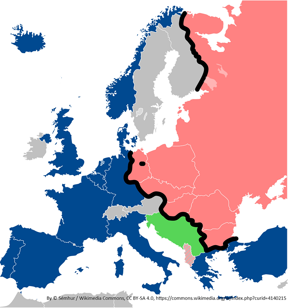 Pictured: A map of Cold War Europe, showing the alignment of each country either towards the USA (NATO states and allies, in blue) or the USSR (Warsaw Pact states, in pink). There were also non-aligned states shown in green and neutral countries in grey. The 'Iron Curtain', the border between East and West during the Cold War, is shown in black.