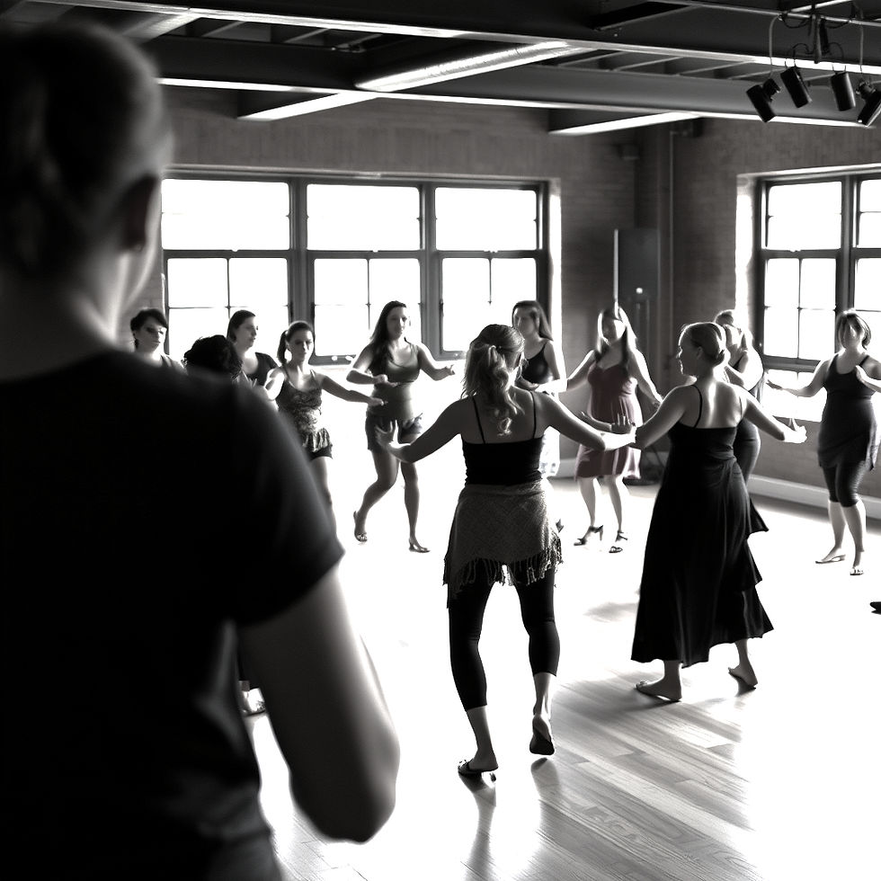 brazil dance class, all women, one instructor, facing the group from behind the instructor
