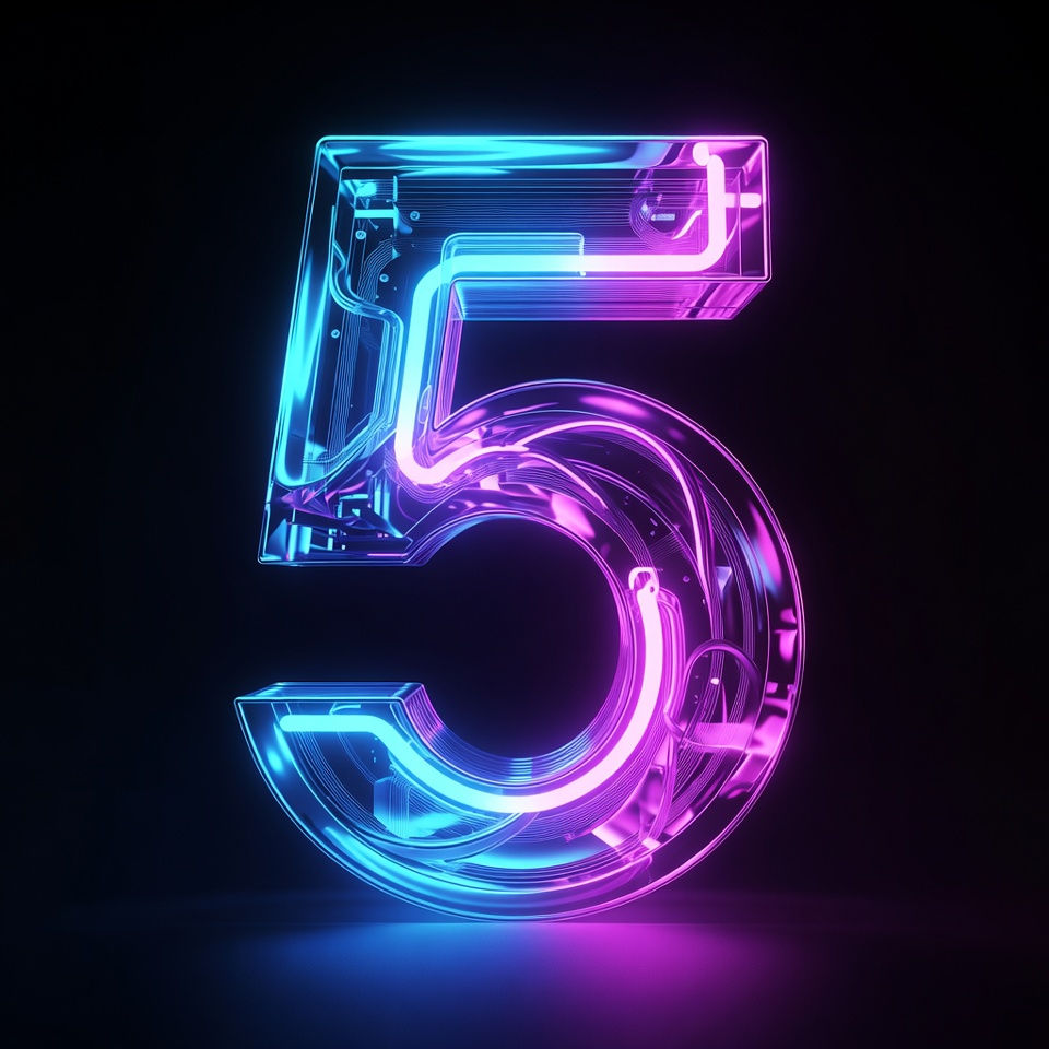 Neon number 5 glowing in blue and pink against a dark background, creating a futuristic and vibrant effect.