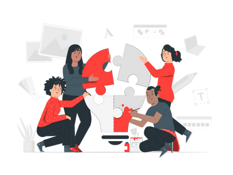 Illustration of two people planning events in front of a large digital calendar interface. One person is pointing at a date marked with a red circle, while the other holds documents. Surrounding the scene are icons and media elements, symbolising event planning, scheduling, and content management.