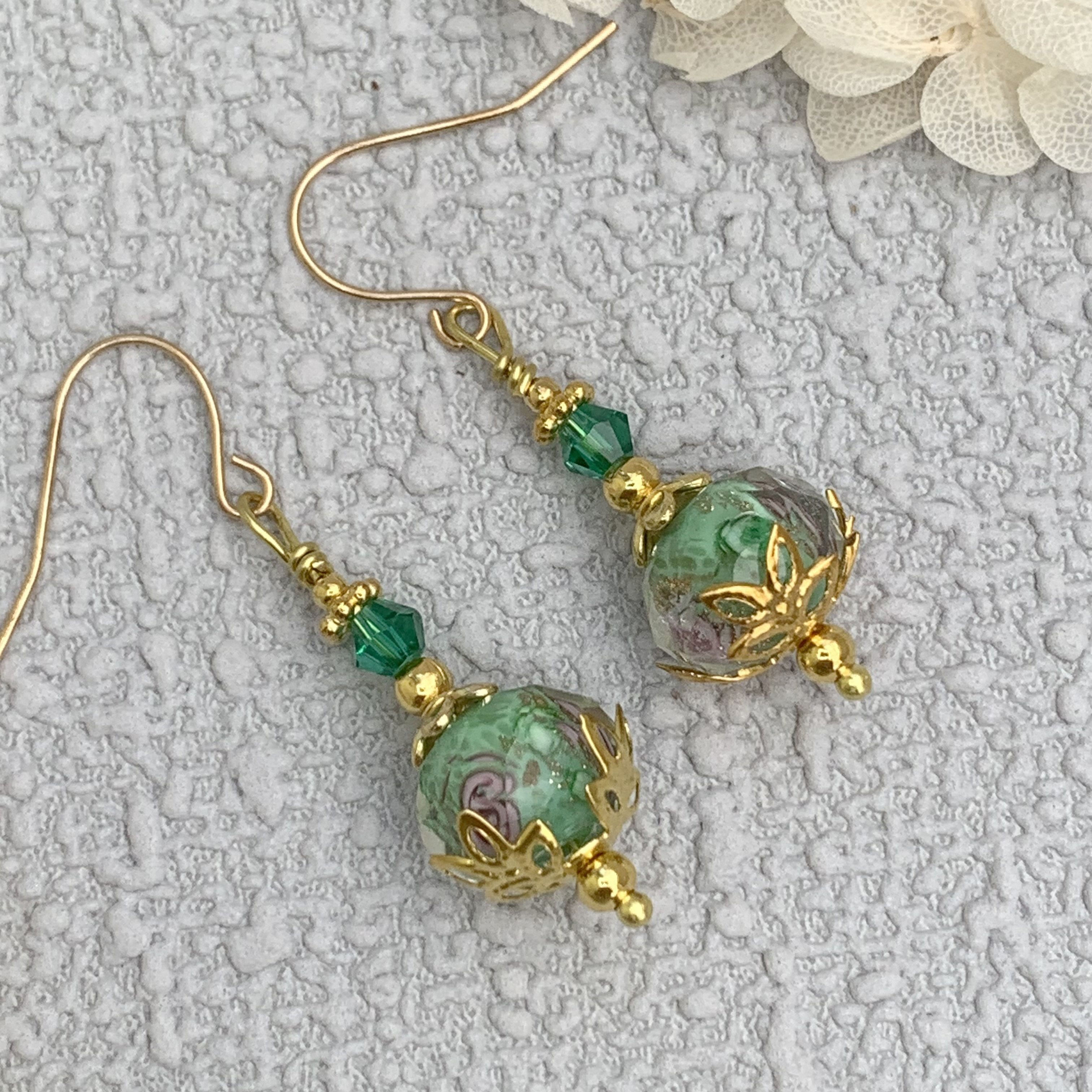 Edwardian Vintage Style Green Lampwork Glass Drop Earrings
