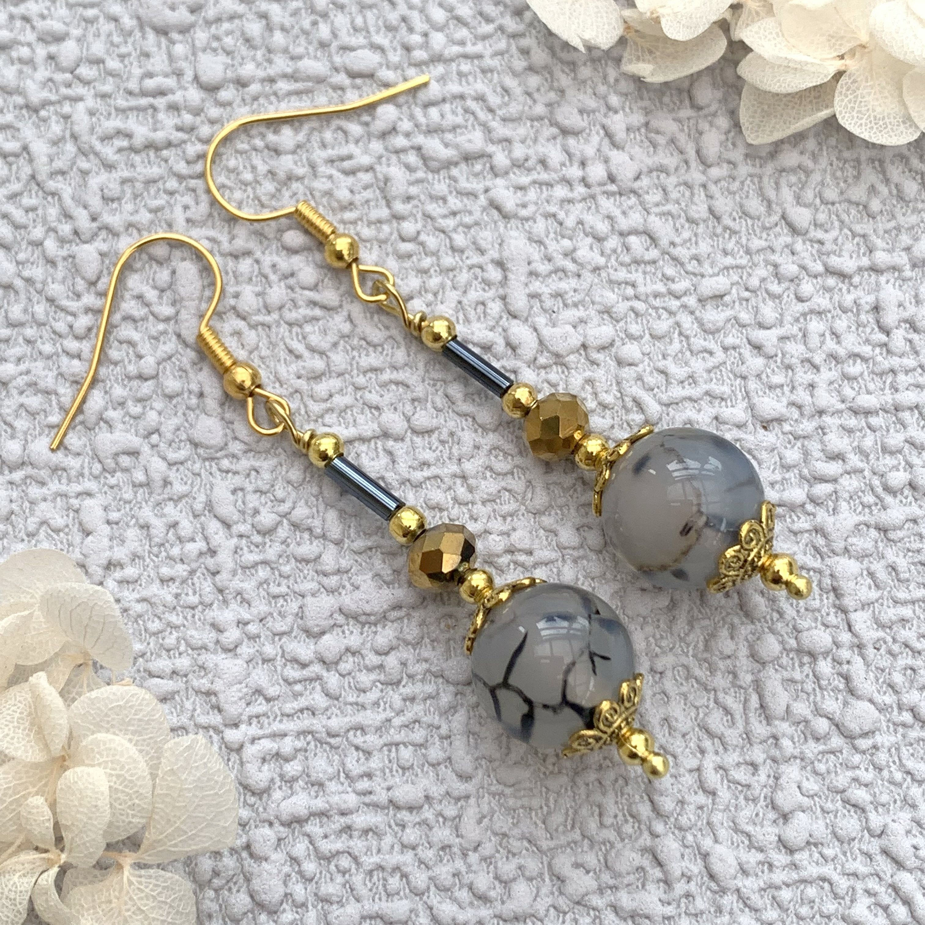 Edwardian Vintage Style Crackle Agate Drop Earrings