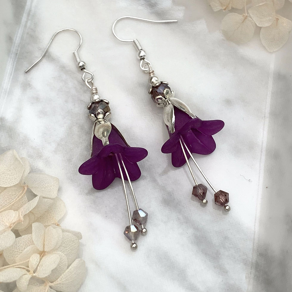 Purple and silver lucite flower drop earrings