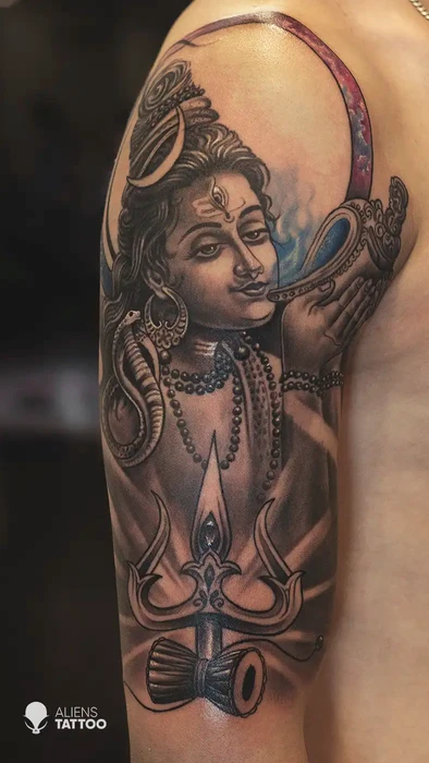 Shiva Tattoo With Trishul & Dumroo At Aliens Tattoo Studio