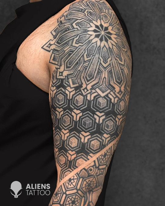 Full sleeve geometric tattoo with hexagon patterns at best tattoo studio in Delhi GK1
