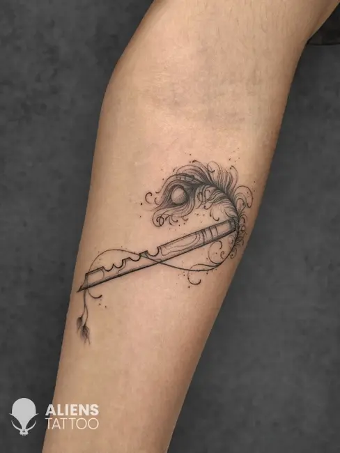 Minimal linework flute tattoo with ornamental details at best tattoo studio in Delhi 