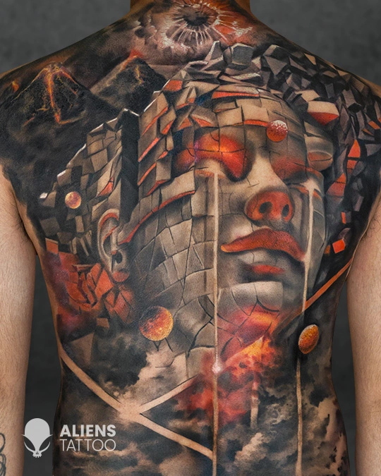 Full back tattoo of a classical stone face sculpture with geometric shapes, clouds and fiery accents in realistic style