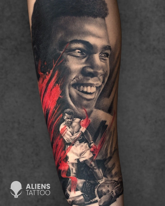 Muhammad Ali portrait tattoo in hyper realistic style done at the best tattoo studio in Hyderabad