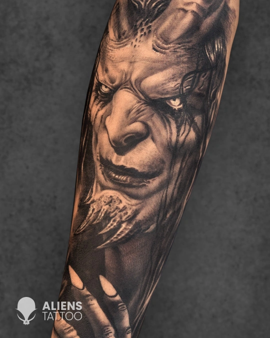 Hyper realistic dark fantasy portrait tattoo with intense detailing done at the best tattoo studio in Hyderabad