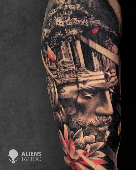 Realistic portrait tattoo with architectural elements and red accents at best tattoo studio in Delhi GK1