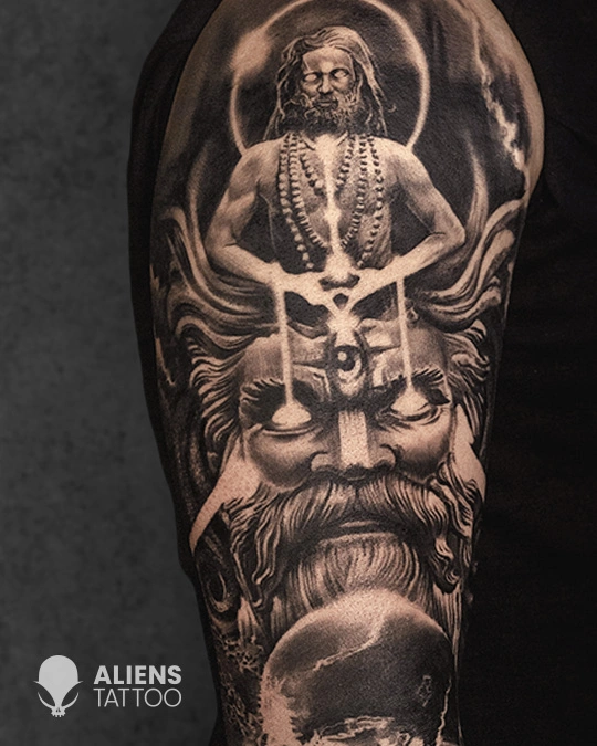 Powerful Lord Shiva and sadhu fusion tattoo created at the best tattoo studio in Hyderabad