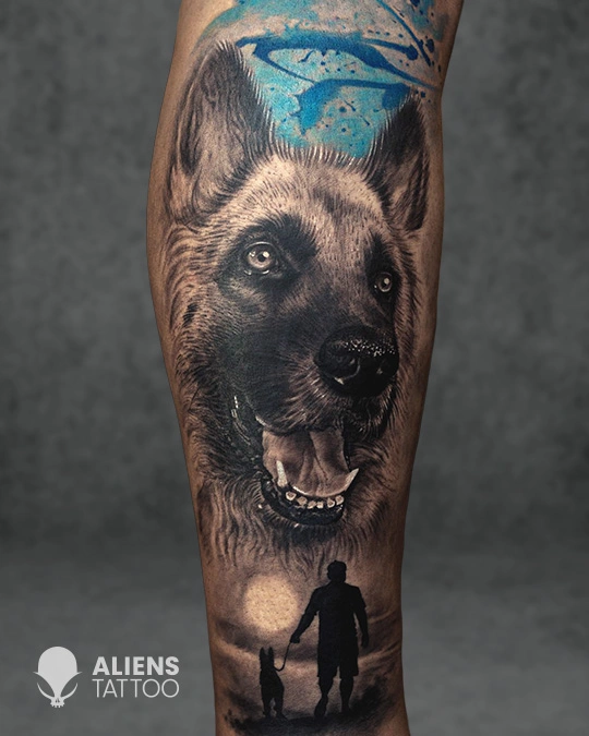 emotional pet memorial dog tattoo with scenic silhouette elements.