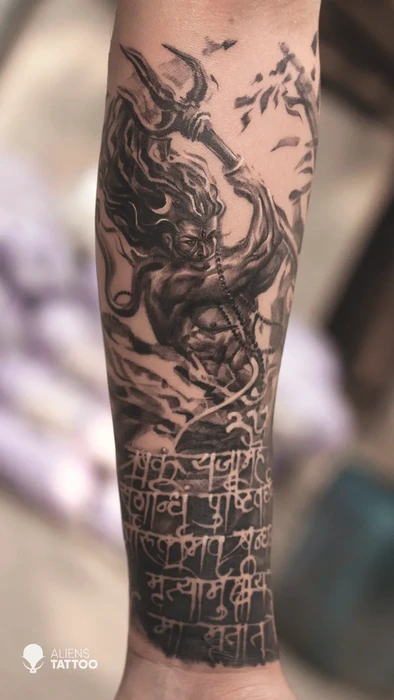 Angry Shiva Tattoo With Script At Aliens Tattoo Studio