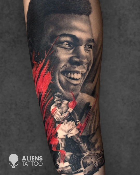 Realistic portrait and boxing themed tattoo sleeve with black grey and red ink at best tattoo studio in Delhi GK1