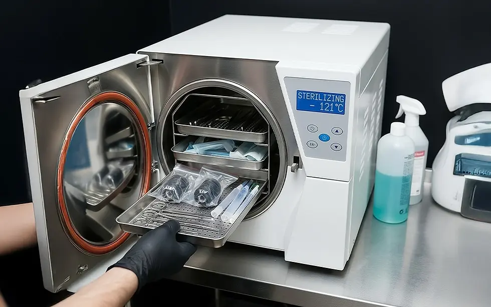 Advanced medical autoclave machine for tattoo equipment sterilization at Aliens Tattoo Mumbai.