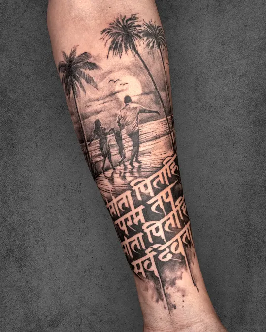 realism portrait tattoo with script