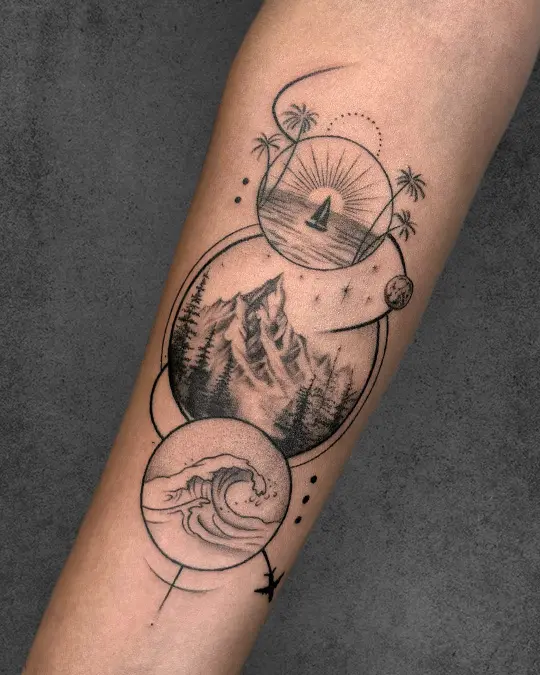 Minimalist travel tattoo on arm, featuring a lighthouse, mountains, and waves, representing a love for nature and adventure.