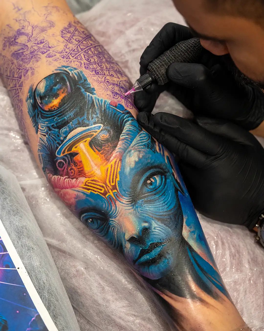 surreal tattoo on leg