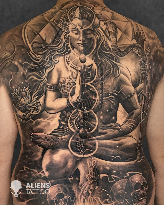 Large spiritual back tattoo of Lord Shiva in black and grey at best tattoo studio in Delhi GK1