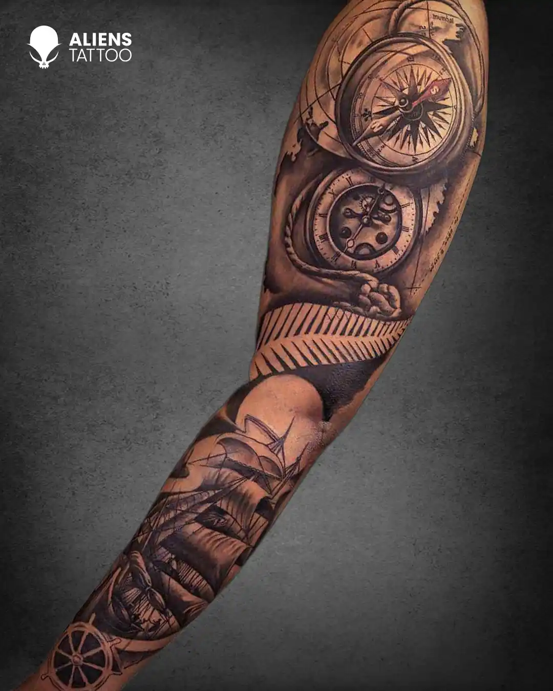 Travel compas and Clock Tattoo