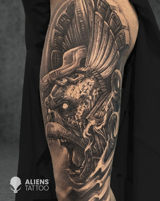 Biomechanical warrior realism tattoo with intricate textures done at the best tattoo studio in Hyderabad
