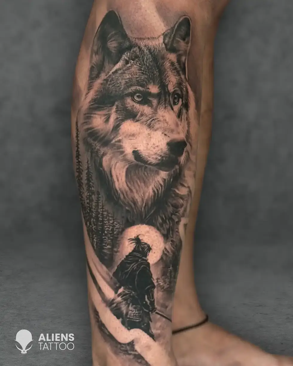 wolf and warrior realism tattoo