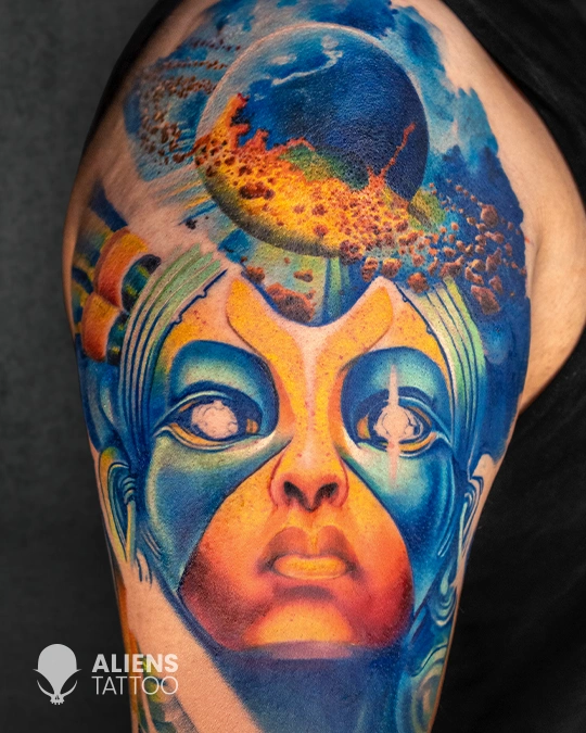 Color realism portrait tattoo with cosmic and abstract theme at best tattoo studio in Delhi GK1