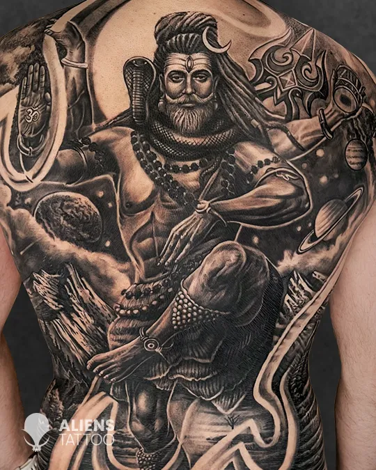 Mythological Shiva full back tattoo with cosmic elements