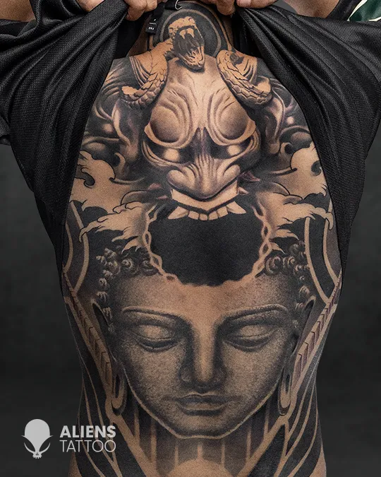 Sacred Buddha concept back tattoo in Kolkata