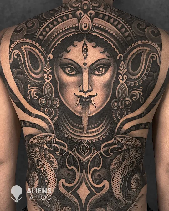 Intricate Goddess Kali back tattoo at the best tattoo studio in Kolkata