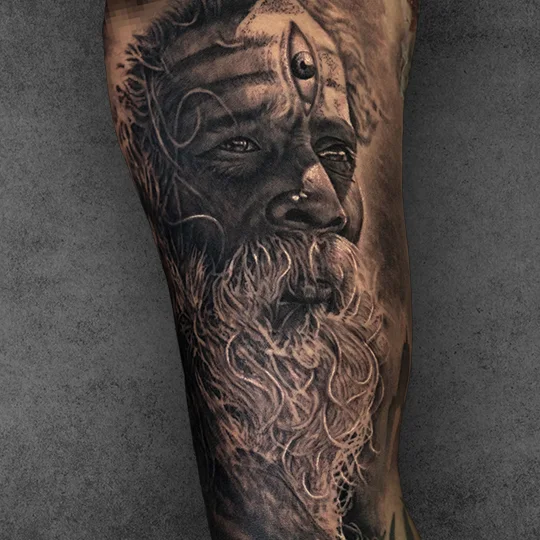 Realistic portrait tattoo featuring bold lines and depth by Allan Gois