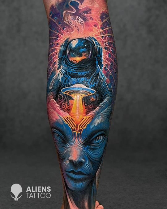 hyper-realistic alien astronaut composition tattoo