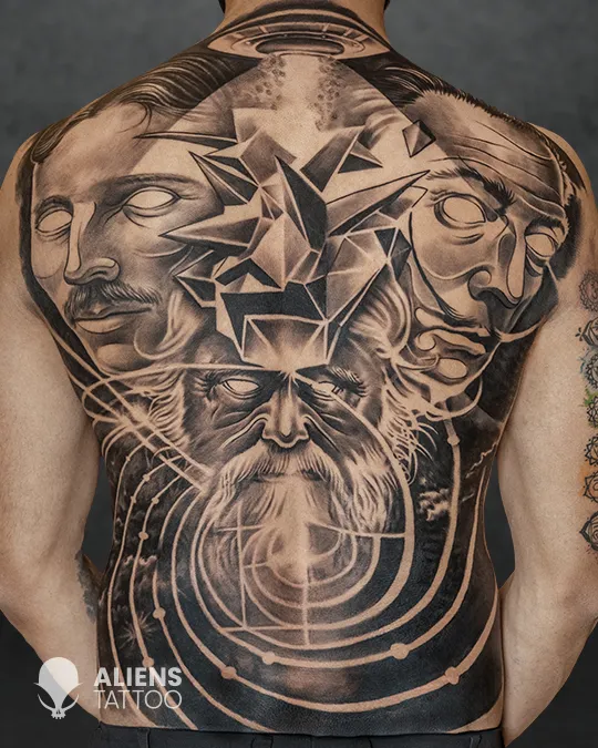 Geometric portrait full back tattoo in black and grey at the best tattoo studio in Kolkata
