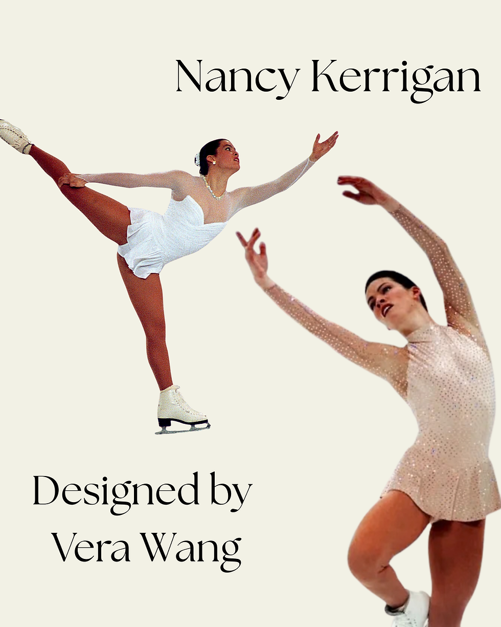 A collage picture showing a fair-skinned female figure skater of European descent in two light-colored couture outfits: the left is white and the right is nude-toned with shining rhinestones. The text comprises the figure skater's name, Nancy Kerrigan, and the outfit's designer, Vera Wang. 