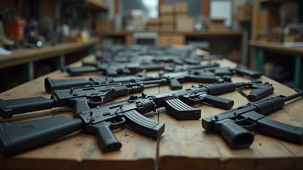 Eye-level view of a well-organized display of AK rifle parts in a workshop