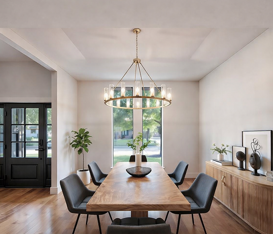 Modern transitional dining room with a light oak table and a brass chandelier by Second Act Flips.