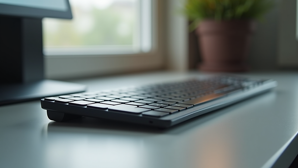 Close-up view of a sleek wireless keyboard on a minimalist desk