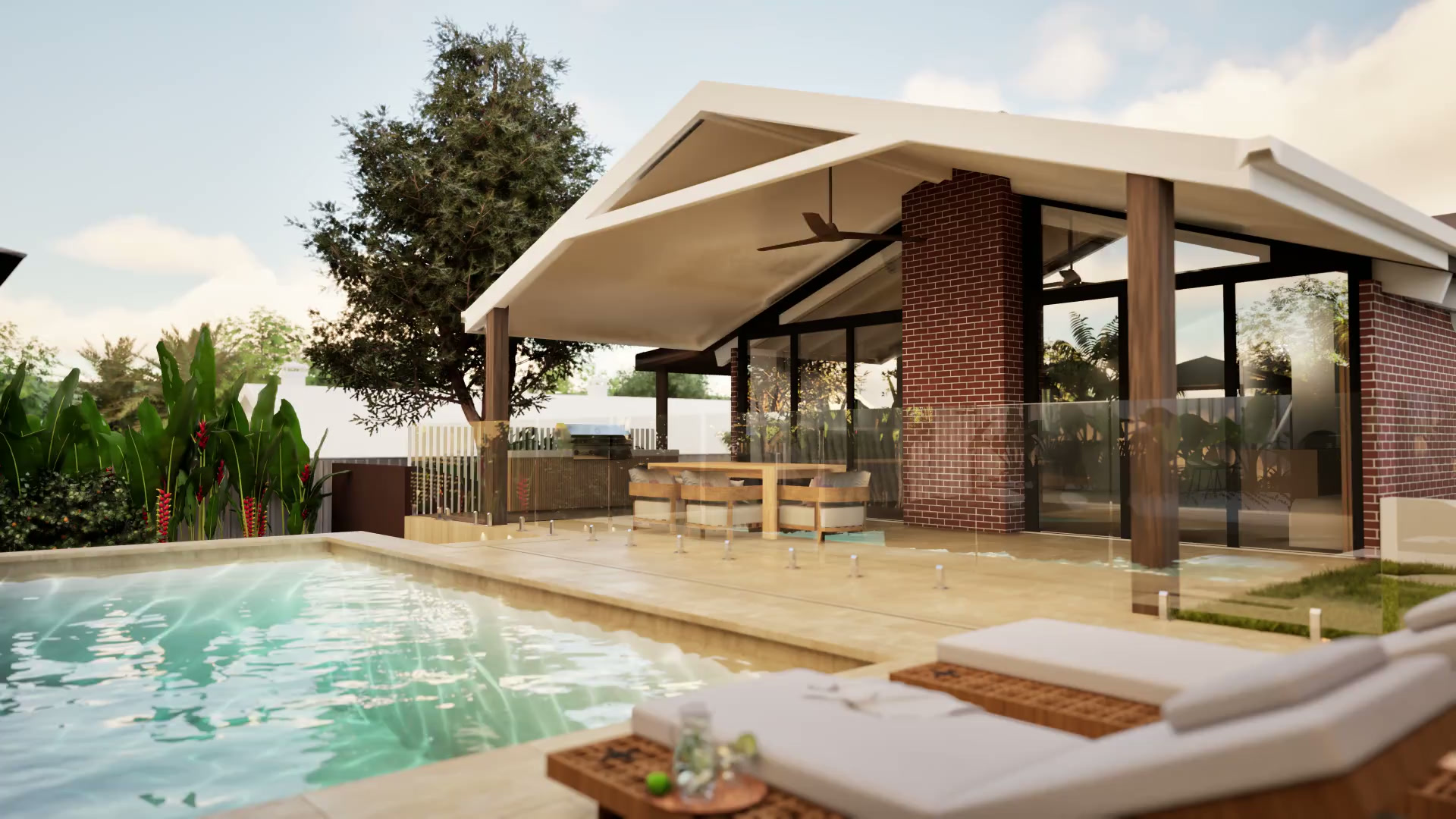 Outdoor area shown with afternoon sun and shade