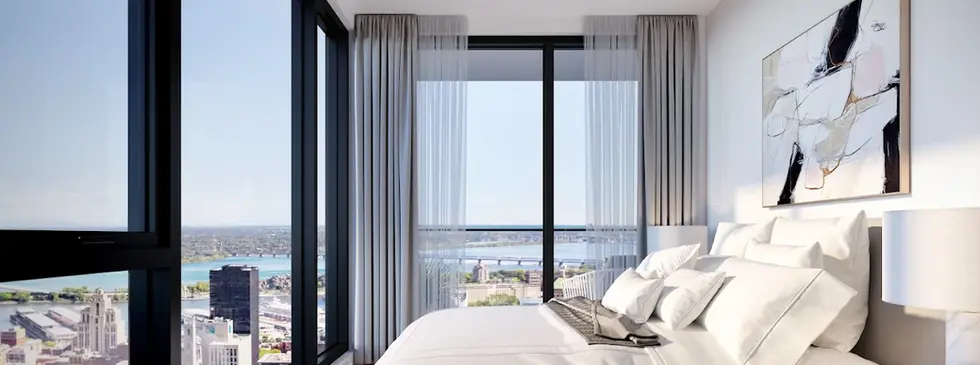Bedroom with city skyline view at Maestria condos in Montreal