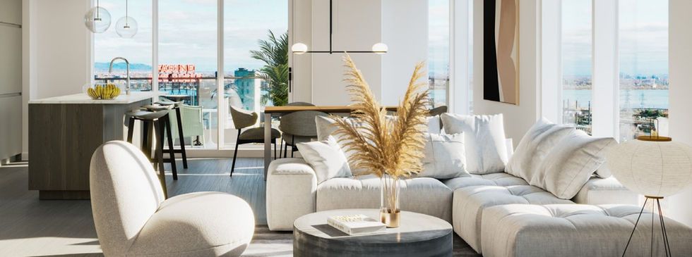 Living room interior at Wellington Sur le Bassin condos in Griffintown