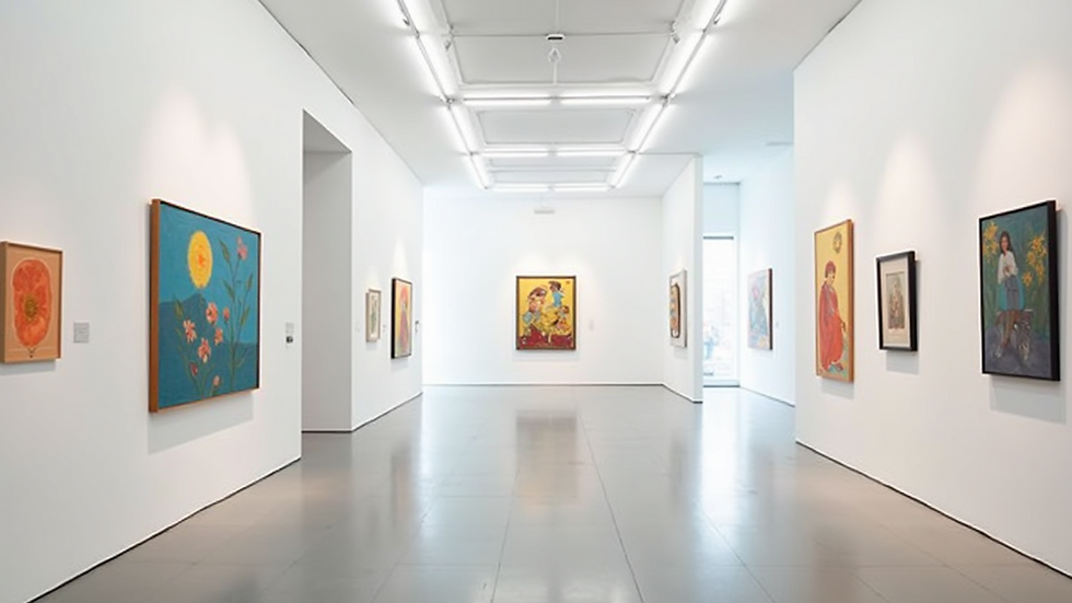 Eye-level view of a modern art gallery with white walls and colorful paintings