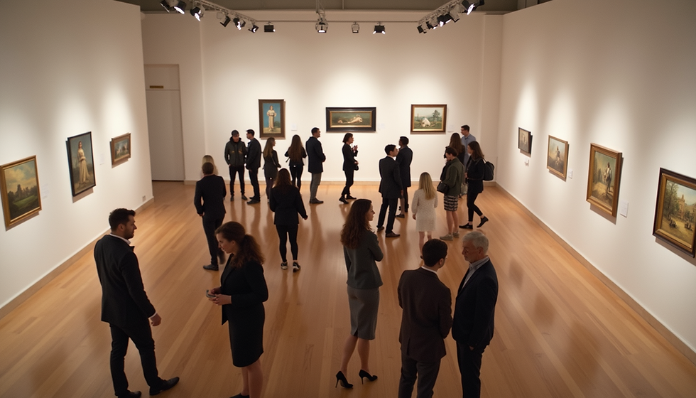 Close-up view of a colorful abstract painting displayed on a gallery wall