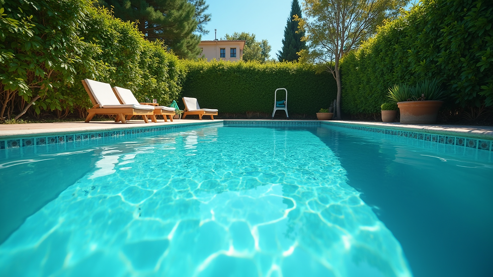 Eye-level view of a sparkling clean swimming pool surrounded by lush greenery