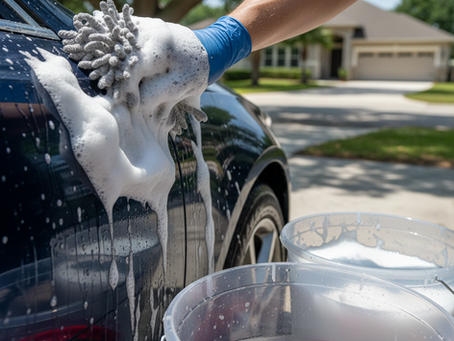 Close-up of a professional hand wash in a Jacksonville driveway (32258) using a microfiber mitt, thick white foam, and a two-bucket system with a red grit guard to ensure a scratch-free finish.