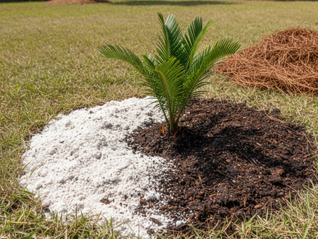 A close-up photo of two hands, side-by-side, for comparison. The left hand holds a handful of pale, dry, loose 'sugar sand,' and the right hand holds a handful of rich, dark, moist, amended soil.