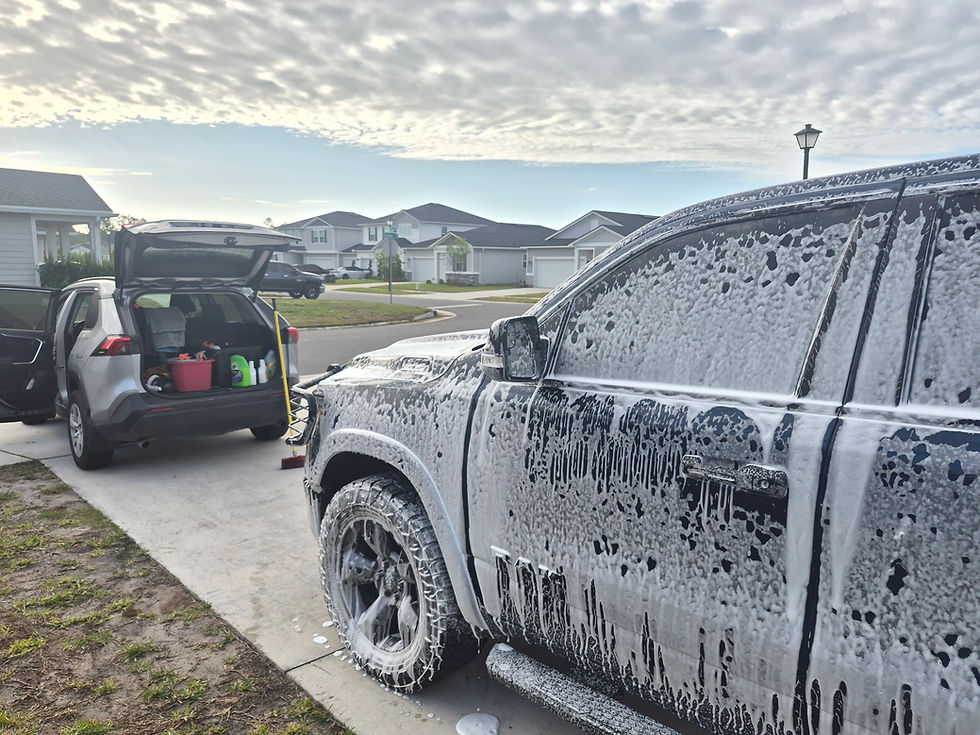 While you're handling the morning routine inside, we're giving the family rig a deep-cleaning foam bath in the driveway. Complete mobile setup, zero hassle for you.