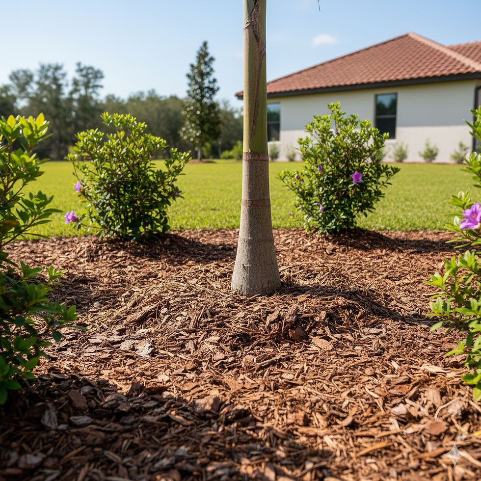 A professionally landscaped garden bed in a sunny Jacksonville yard, featuring rich, brown pine bark mulch surrounding a central palm tree, sago palms, and purple flowers.