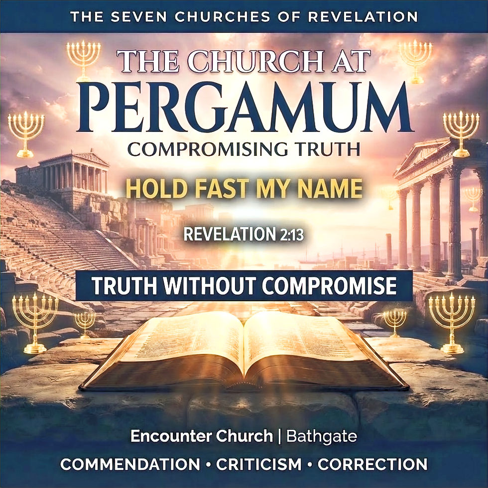 Poster with open Bible amid ruins and golden menorahs, titled The Church at Pergamum; text: Hold Fast My Name, Truth Without Compromise.