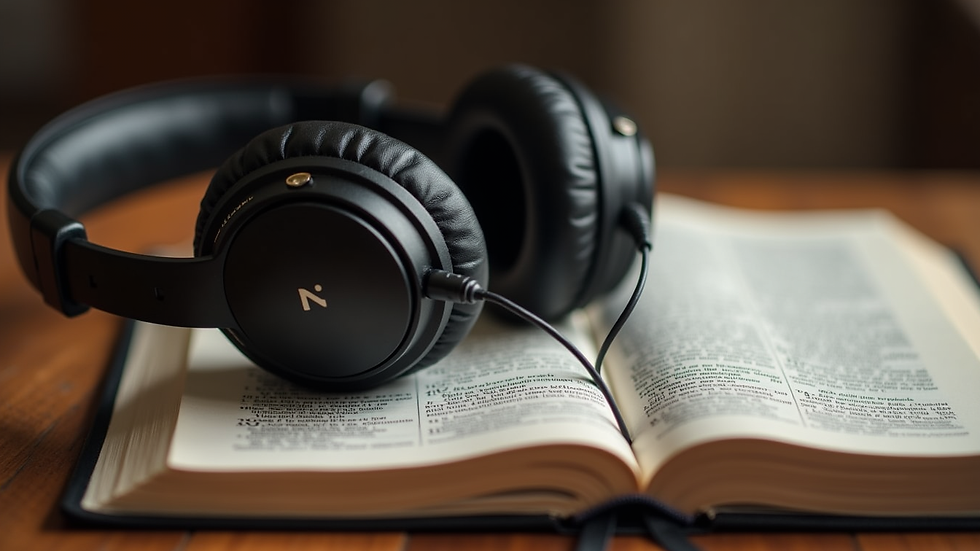 Close-up view of headphones resting on a Bible, ready for listening to sermons